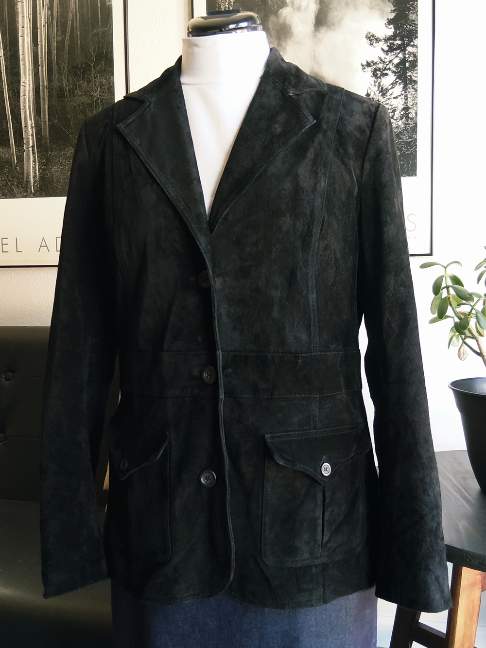 Vtg Liz Claiborne Black 100% Suede Women's 3 Button Blazer Sz Med